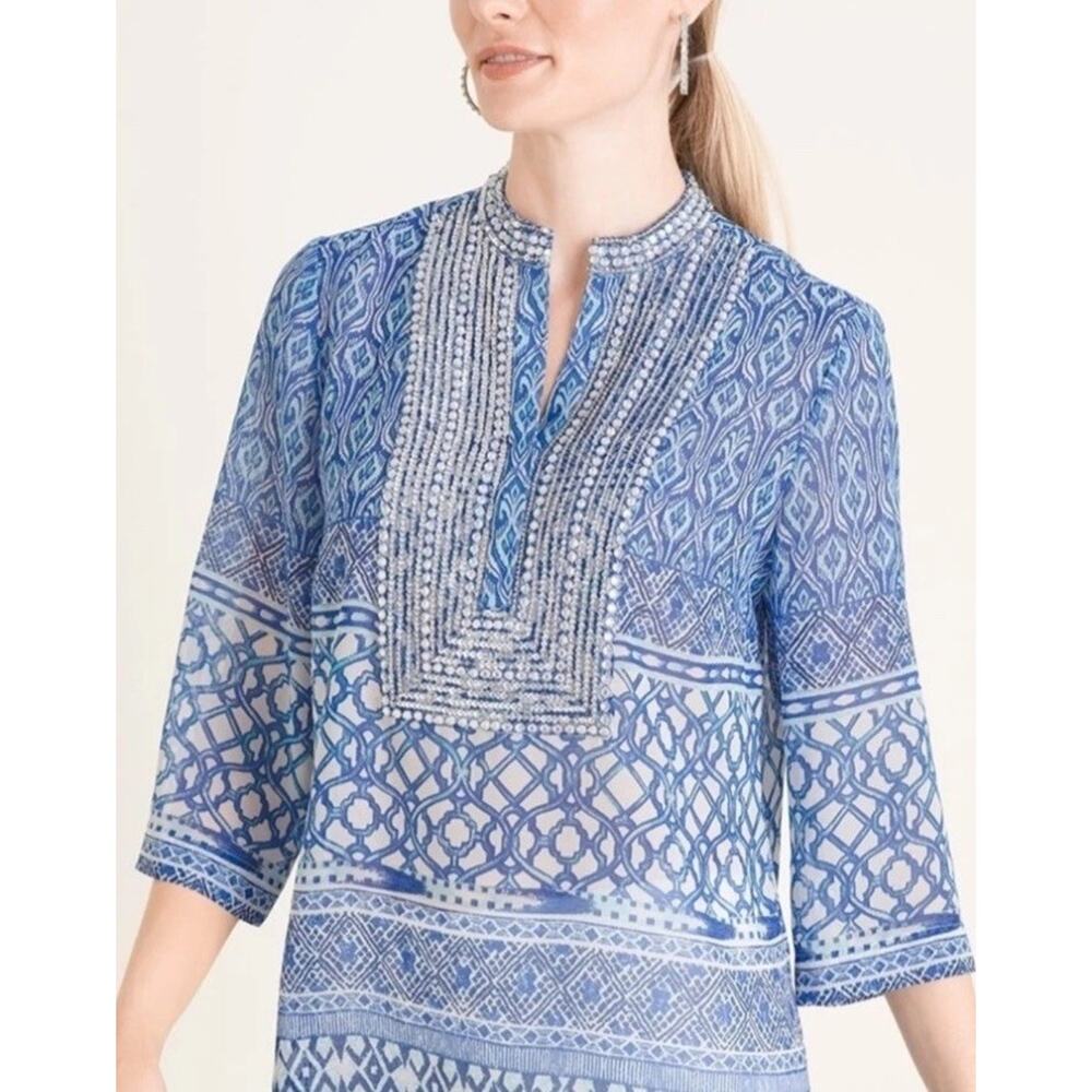 Chico’s Tunic Beach Size 12P Seaside Sheer Rhinestones Blue White Black Blouse